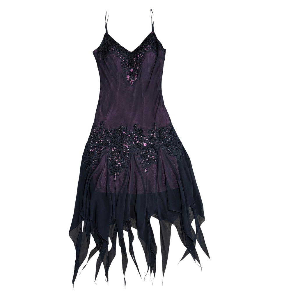 Sue Wong C5369 Silk Crochet Floral Fairy Handkerchief Dress 6 Black Purple 90s